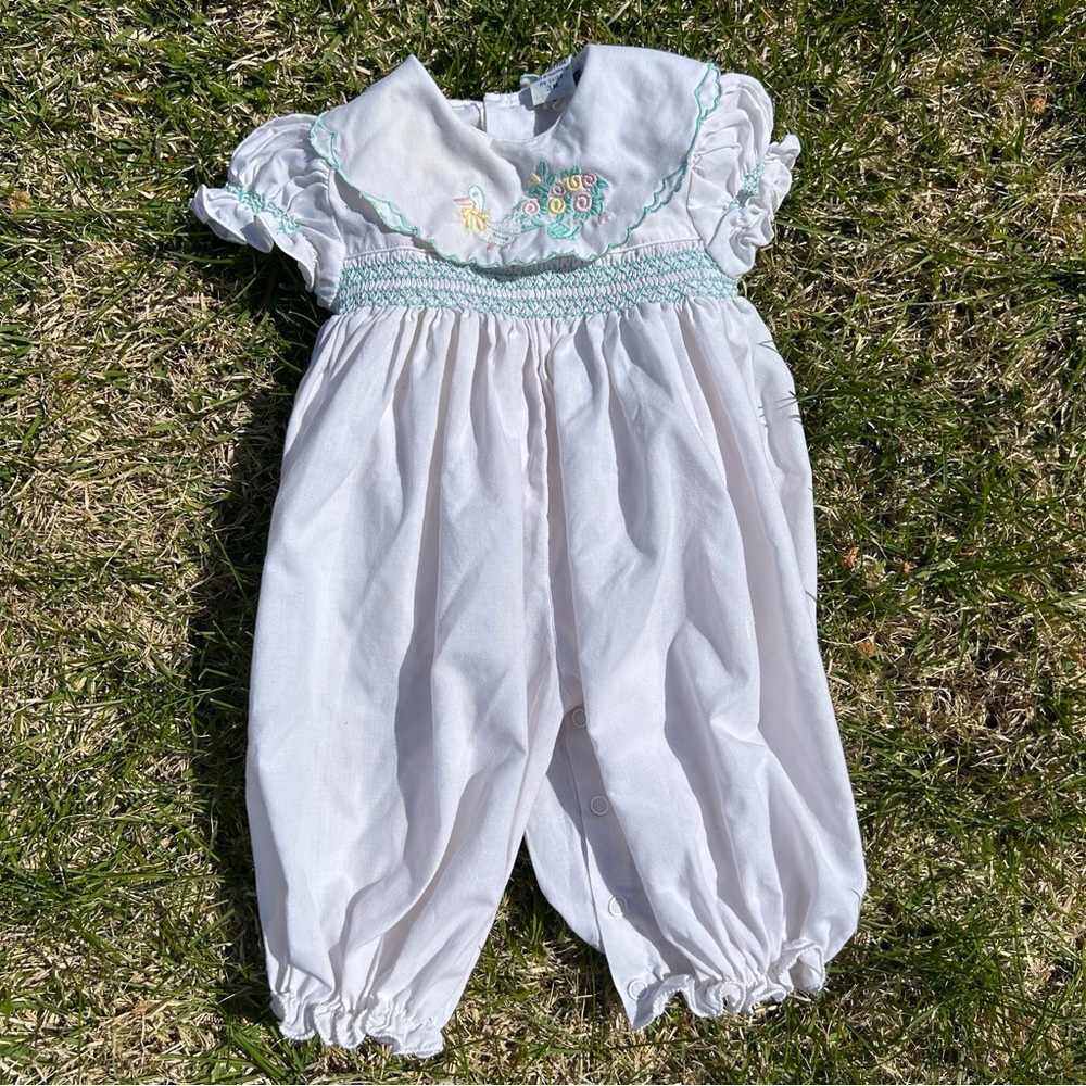 Vintage smocked duck goose embroidered collared tie back jumpsuit romper
